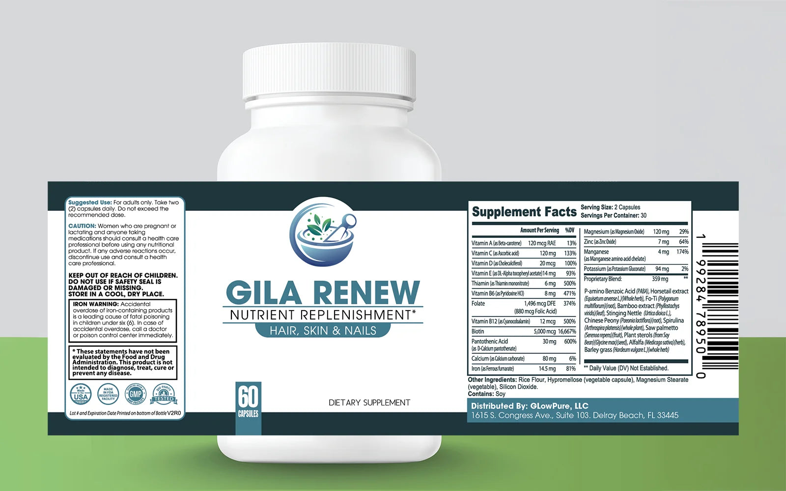 A white plastic bottle of Gila Renew Nutrient Replenishment dietary supplement, shown from the back with the label facing forward. The label features a dark teal and white design with the brand logo, product name, and Supplement Facts panel.