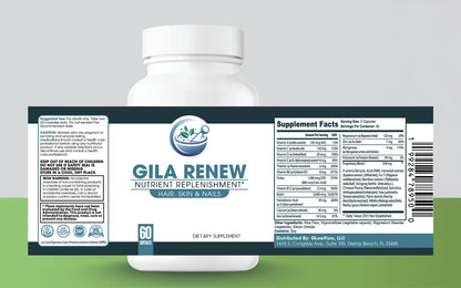 A white plastic bottle of Gila Renew Nutrient Replenishment dietary supplement, shown from the back with the label facing forward. The label features a dark teal and white design with the brand logo, product name, and Supplement Facts panel.