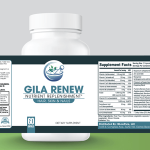 A bottle of GILA Renew featuring the Supplement Facts/Ingredient list