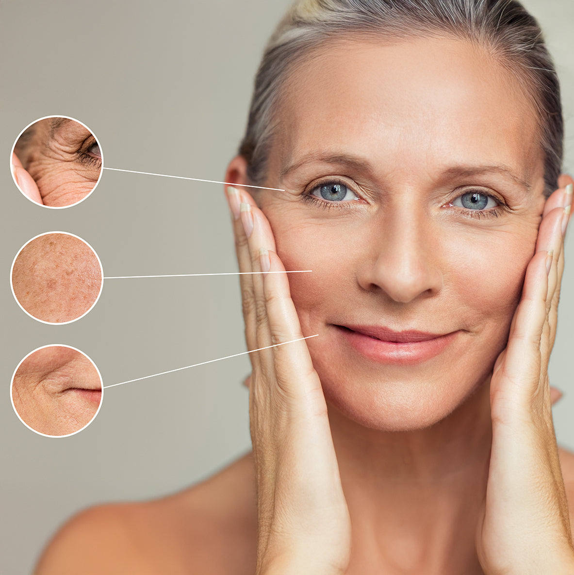 An image of a beautiful mature woman, illustrating the changes skin undergoes with aging including fine lines and uneven pigment