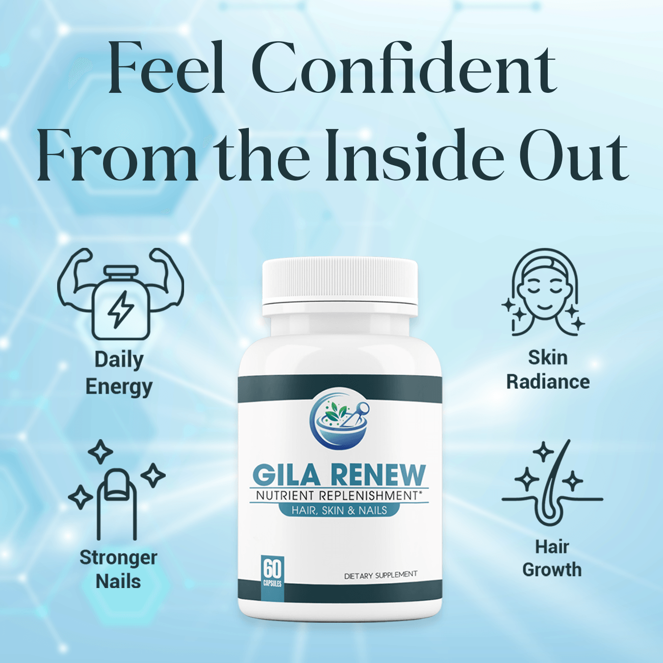 An infographic showing GILA Renew and its benefits: Daily Energy, Skin Radiance, Stronger Nails, Hair Growth