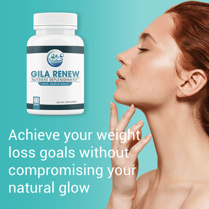 An image of a beautiful redheaded woman with glowing skin next to a bottle of GILA Renew supplement