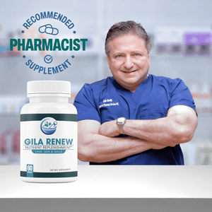 An image of the GLowPure pharmacist as he stands  behind the pharmacy counter