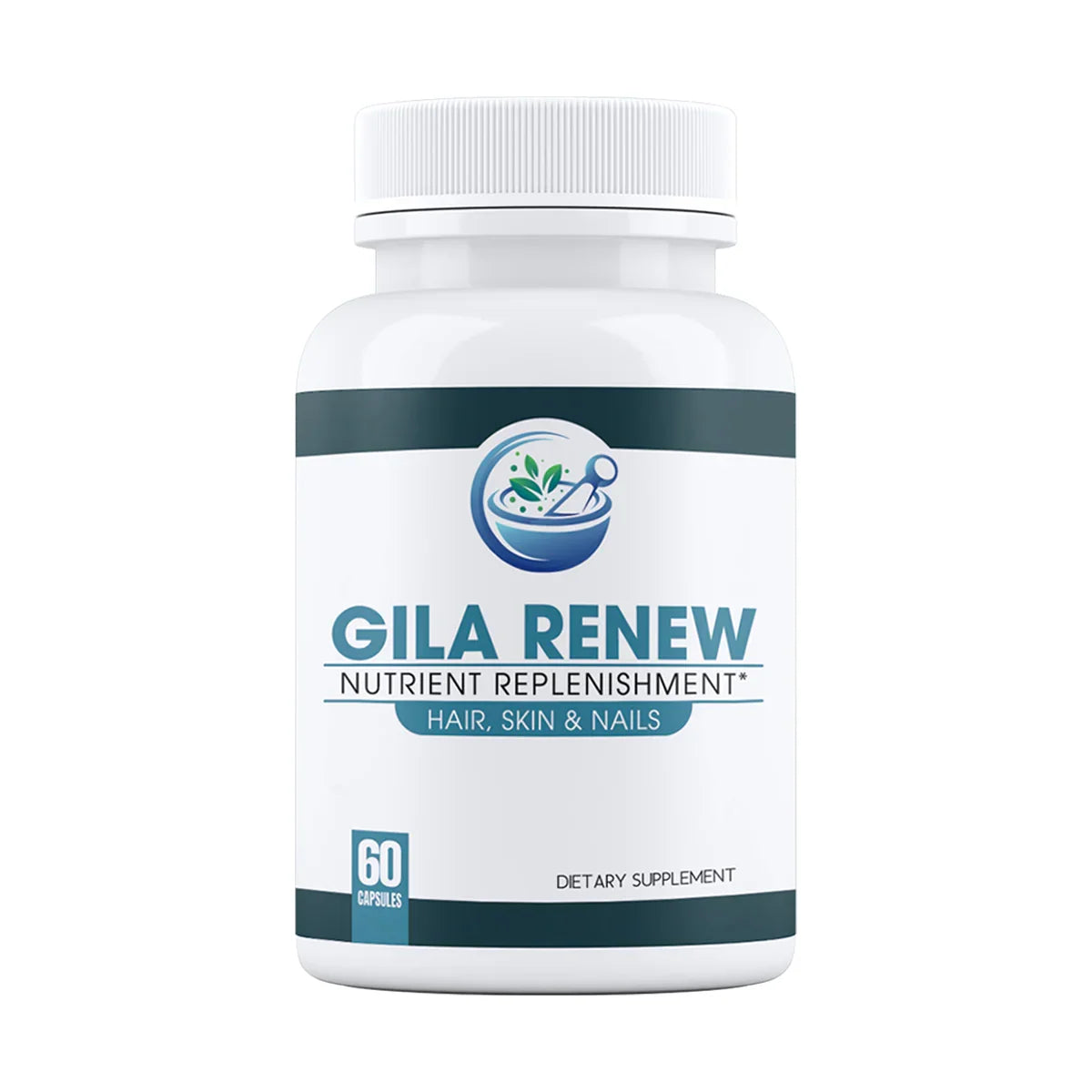 A bottle of GILA Renew hair, skin and nails supplement on a plain white background