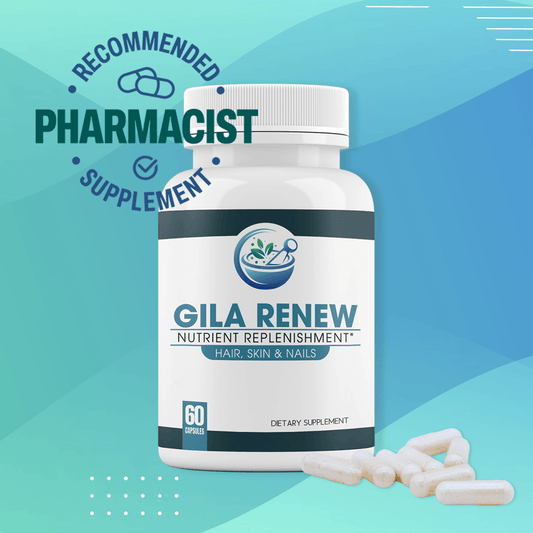 GILA Renew supplement for hair, skin, and nails -  with capsules and a ‘Pharmacist Recommended’ badge