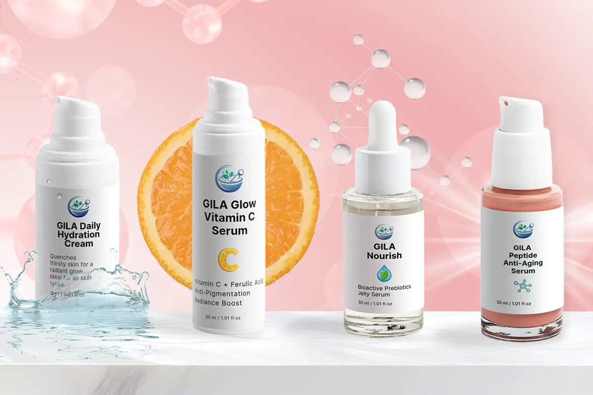 A graphic showing the line of GILA skincare products