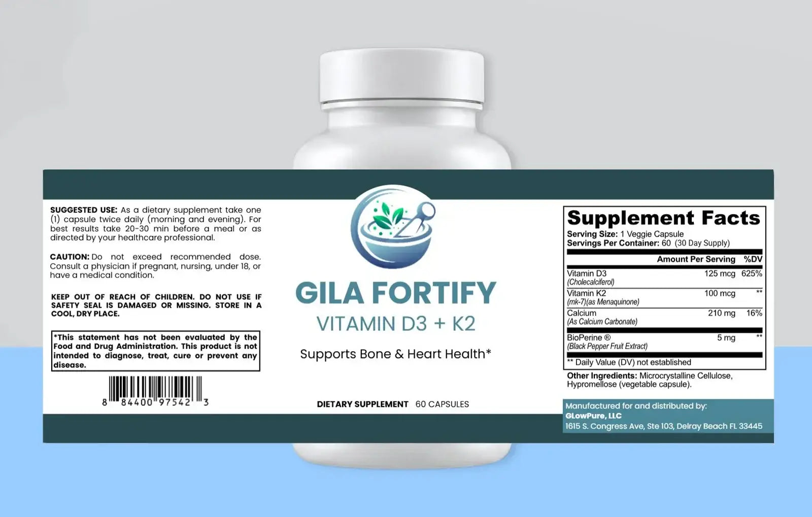 A white plastic bottle of Gila Fortify Vitamin D3 + K2 dietary supplement shown from the back, featuring a dark teal label with white text, a barcode, and a Supplement Facts panel.