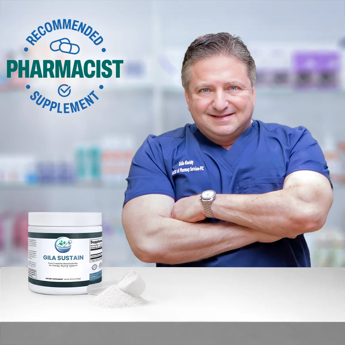Mail pharmacist in blue scrub top stands behind pharmacy counter next to GILA Sustain jar with "Pharmacist Recommended Supplement" logo