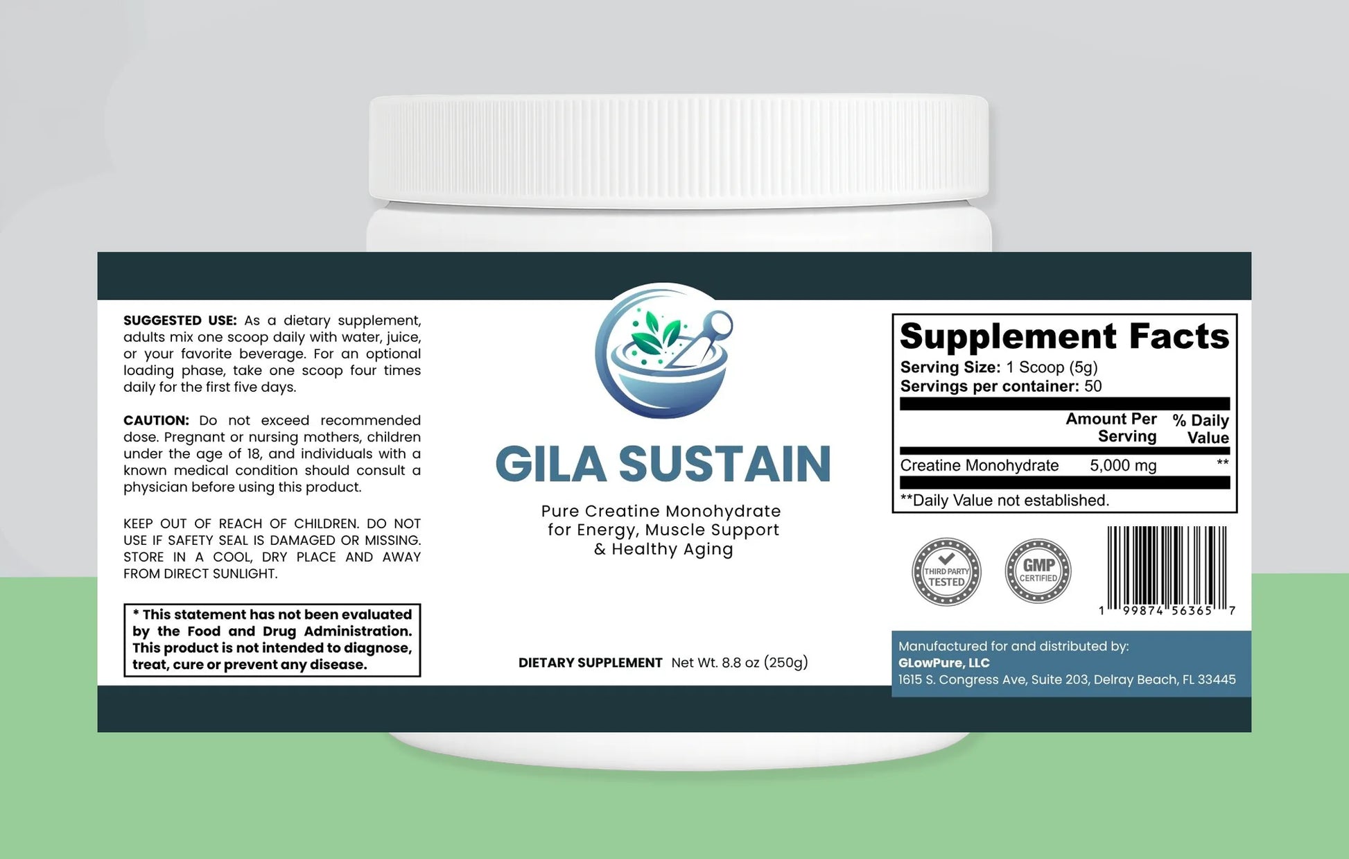 Supplement container labeled 'Gila Sustain' with a label displaying supplement facts on a gray background.