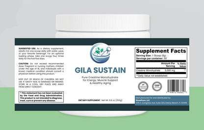 Supplement container labeled 'Gila Sustain' with a label displaying supplement facts on a gray background.