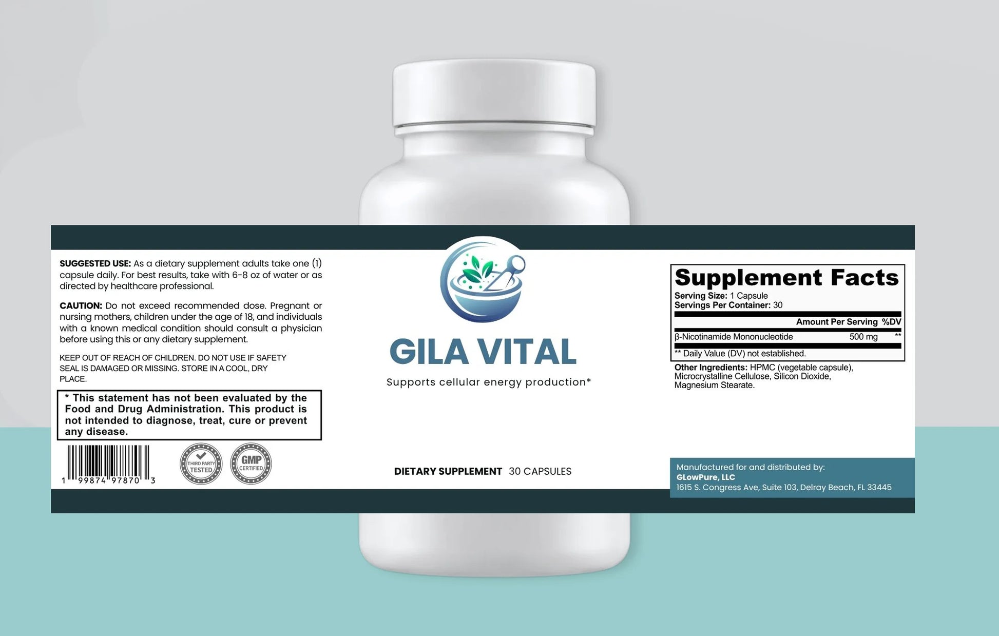 Supplement bottle with Gila Vital label on a light gray and blue gradient background