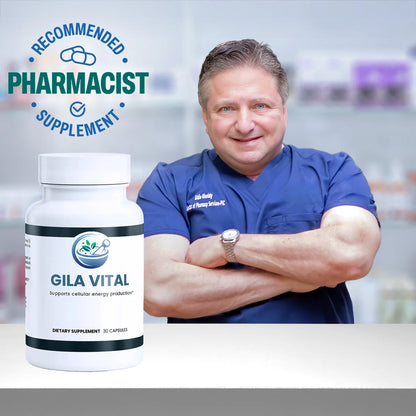 Pharmacist in blue scrubs with 'Gila Vital' supplement bottle and 'Pharmacist Recommended Supplement' label.