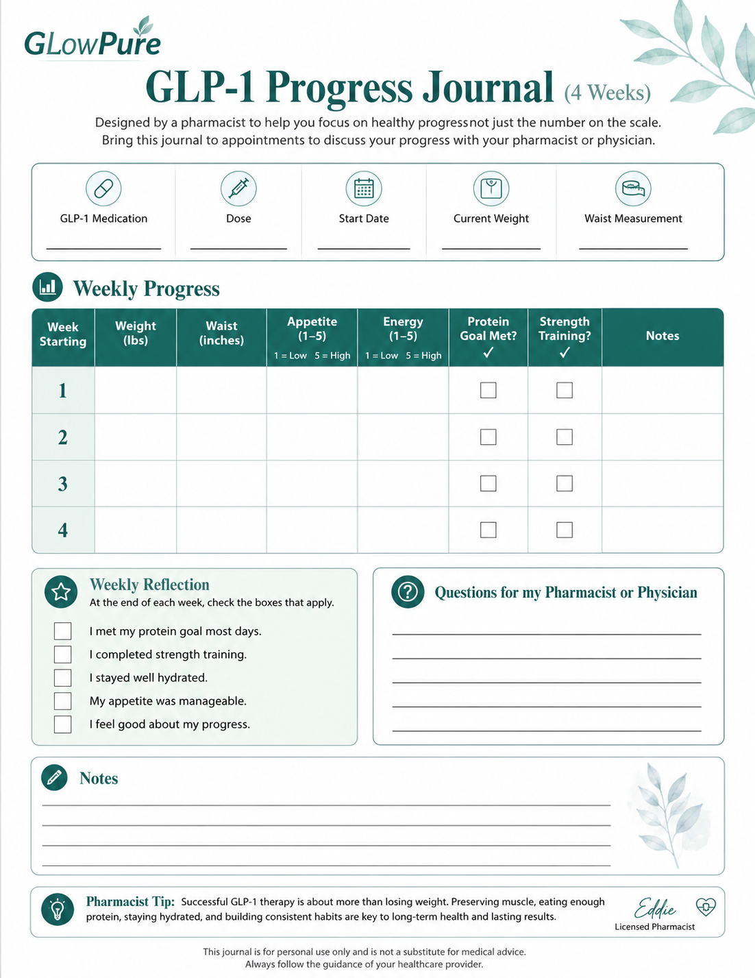 A GLP-1 Progress Journal template from GlowerPure, designed for tracking weight loss progress over 4 weeks. The page features a weekly progress table with columns for week number, weight loss, waist, appetite, energy, protein intake, strength training, and notes, alongside a weekly reflection section and a questions section for a pharmacist or physician.