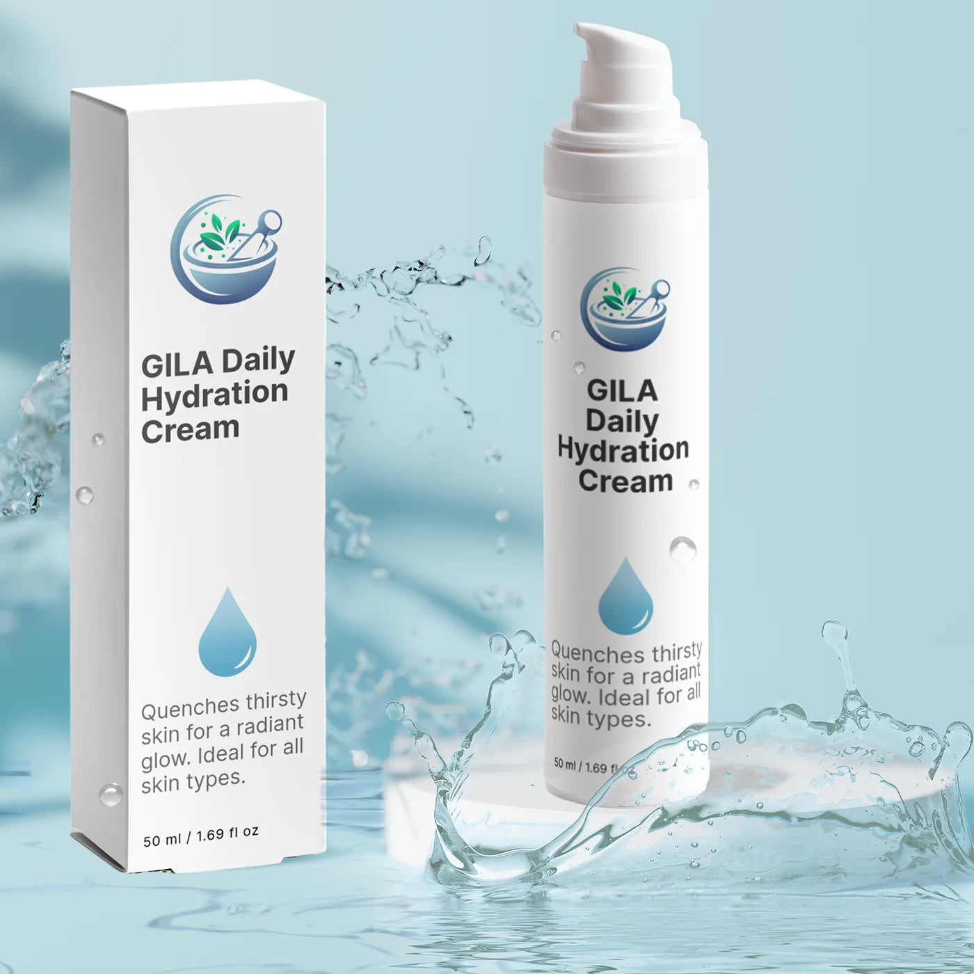 GILA Daily Hydration Cream shown in a white pump bottle next to its white packaging box, set against a light blue water splash background.