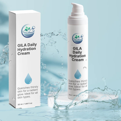 GILA Daily Hydration Cream shown in a white pump bottle next to its white packaging box, set against a light blue water splash background.