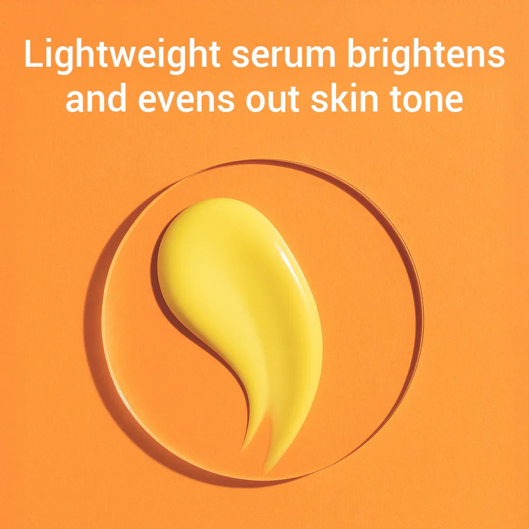 An image of the pale yellow serum on a circular piece of glass on an orange background. Text says "Lightweight serum brightens and evens out skin tone"