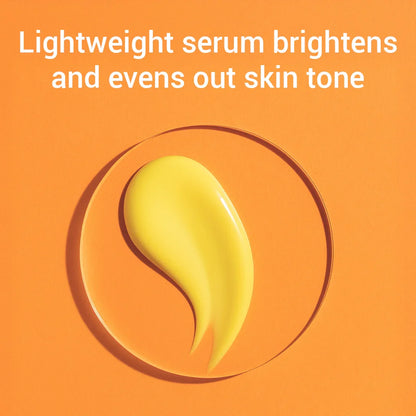 An image of the pale yellow serum on a circular piece of glass on an orange background. Text says "Lightweight serum brightens and evens out skin tone"