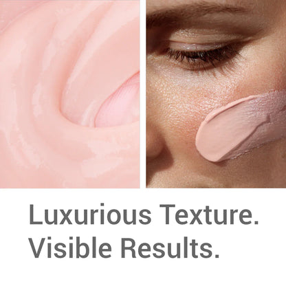 An image showing a close up of the pale pink serum, and a dab on a model's face, with the text "Luxurious texture, visible results"