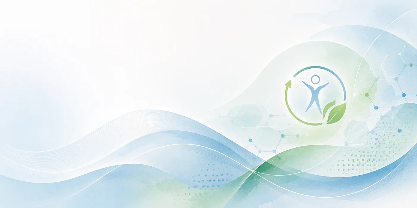 Abstract digital background with flowing white, light blue, and soft green waves, dotted line patterns, and a circular logo featuring a stylized person and leaf on the right side.