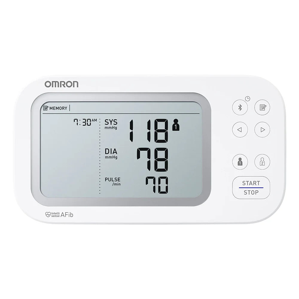 Omron blood pressure monitor on a white background