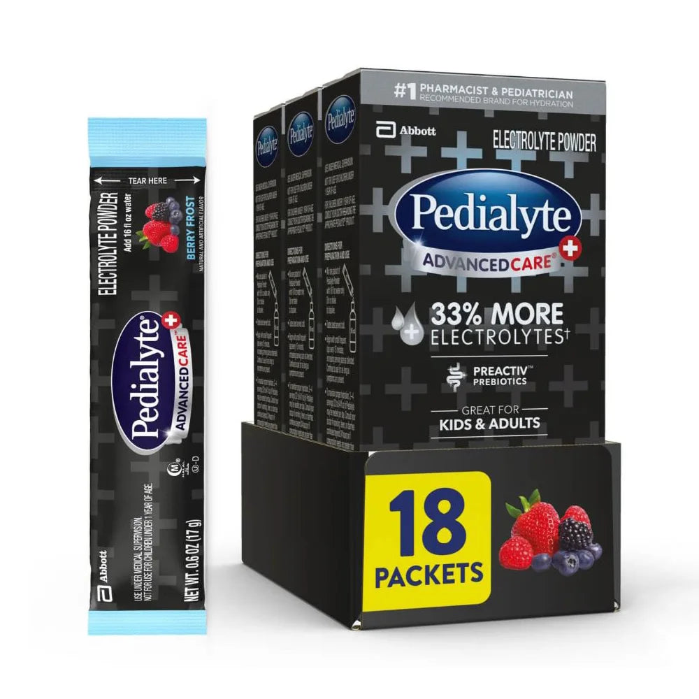 An 18-count package of Pedialyte Advanced Care electrolyte powder