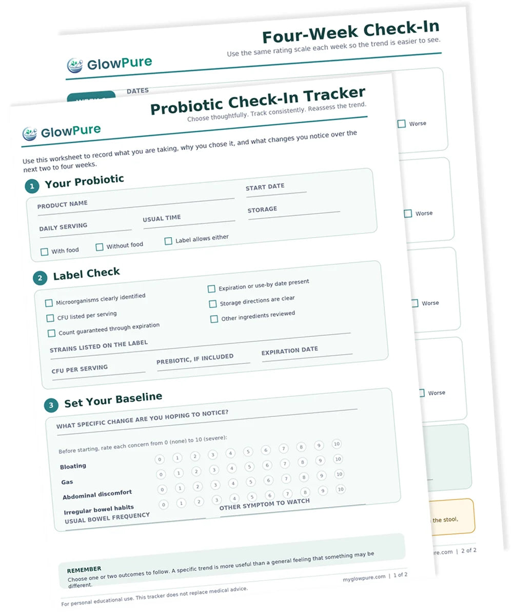 A preview of the two-page Probiotic Check-In Tracker