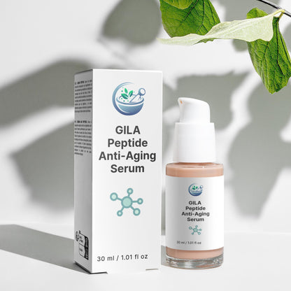 GILA Anti-Aging Peptide Serum bottle and box, showcasing a high-performance formula for smoother, firmer skin and wrinkle reduction