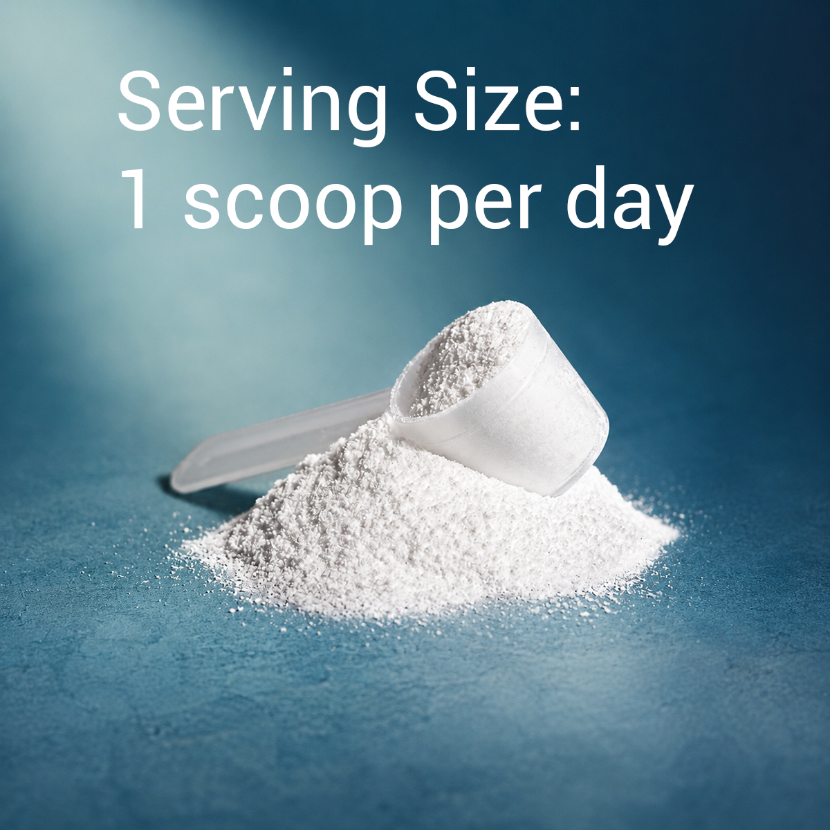 White scoop with powder and text 'Serving Size: 1 scoop per day' on a blue background