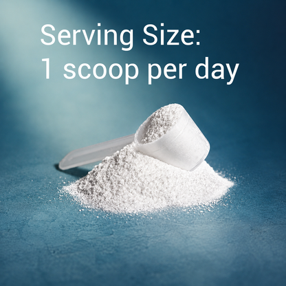 White scoop with powder and text 'Serving Size: 1 scoop per day' on a blue background
