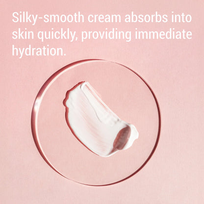 A pink cosmetic-style background with white text reading, 'Silky-smooth cream absorbs into skin quickly, providing immediate hydration.' Below the text is a clear circular ring containing a white cream smear.