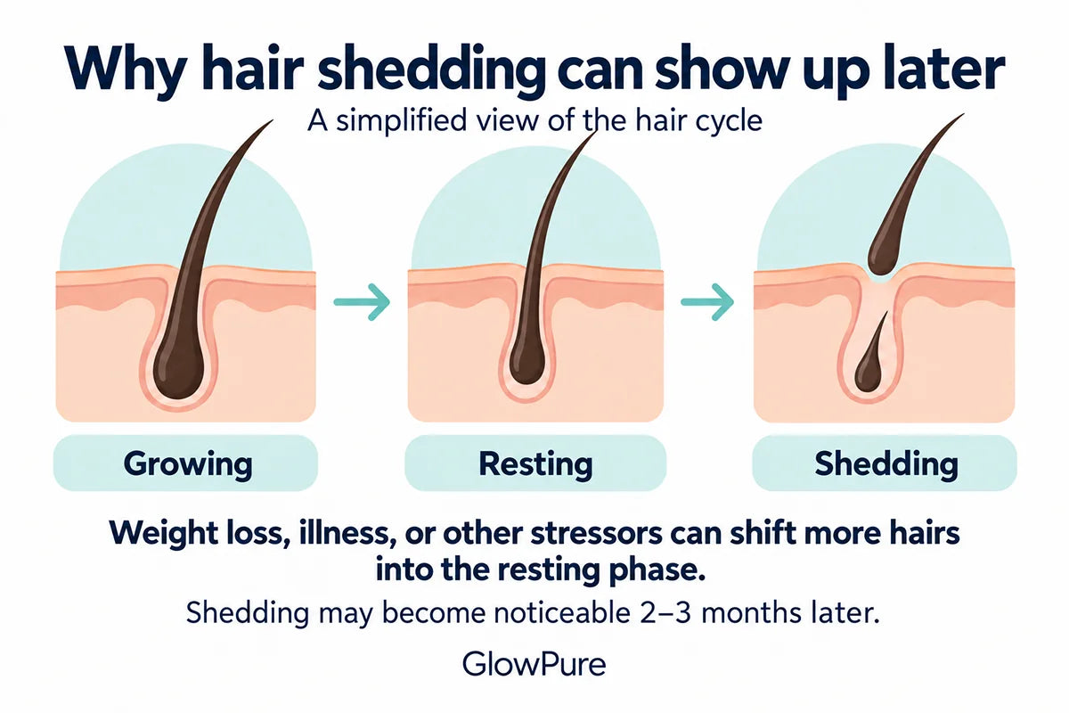 Illustration of growing, resting, and shedding hair, showing why shedding may become noticeable months after a physical stressor.