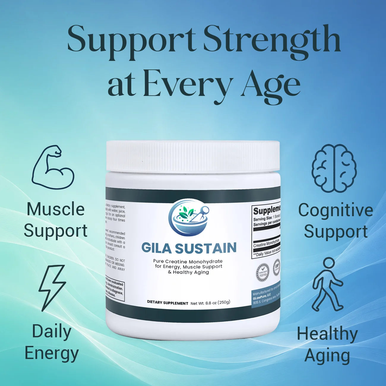 Supplement container labeled 'GILA SUSTAIN' with text about support for strength, muscle, cognitive, daily energy, and healthy aging on a blue background.