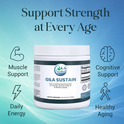 Supplement container labeled 'GILA SUSTAIN' with text about support for strength, muscle, cognitive, daily energy, and healthy aging on a blue background.