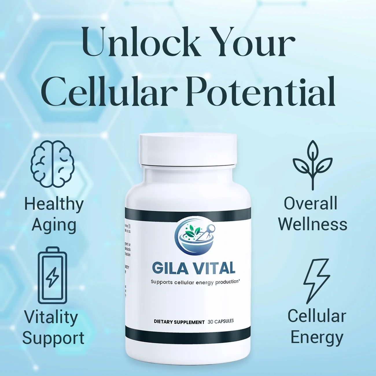 GILA VITAL dietary supplement bottle with text about unlocking cellular potential on a light blue background