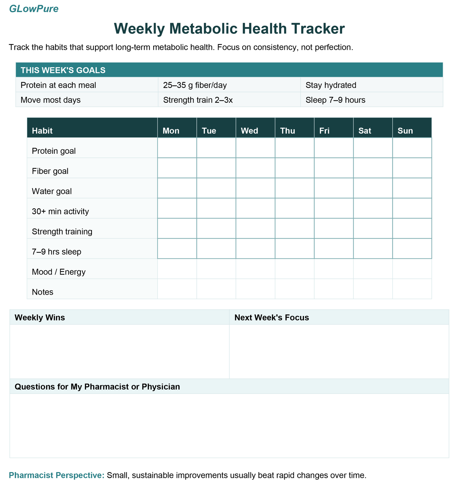 A digital weekly metabolic health tracker template with a clean white layout, teal headers, and columns for tracking habits such as protein intake, fiber, water, sleep, and mood from Monday through Sunday.