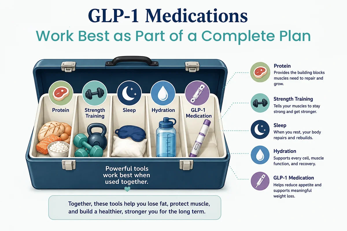An illustration of a toolbox showing that GLP-1 medications work best as part of a complete plan