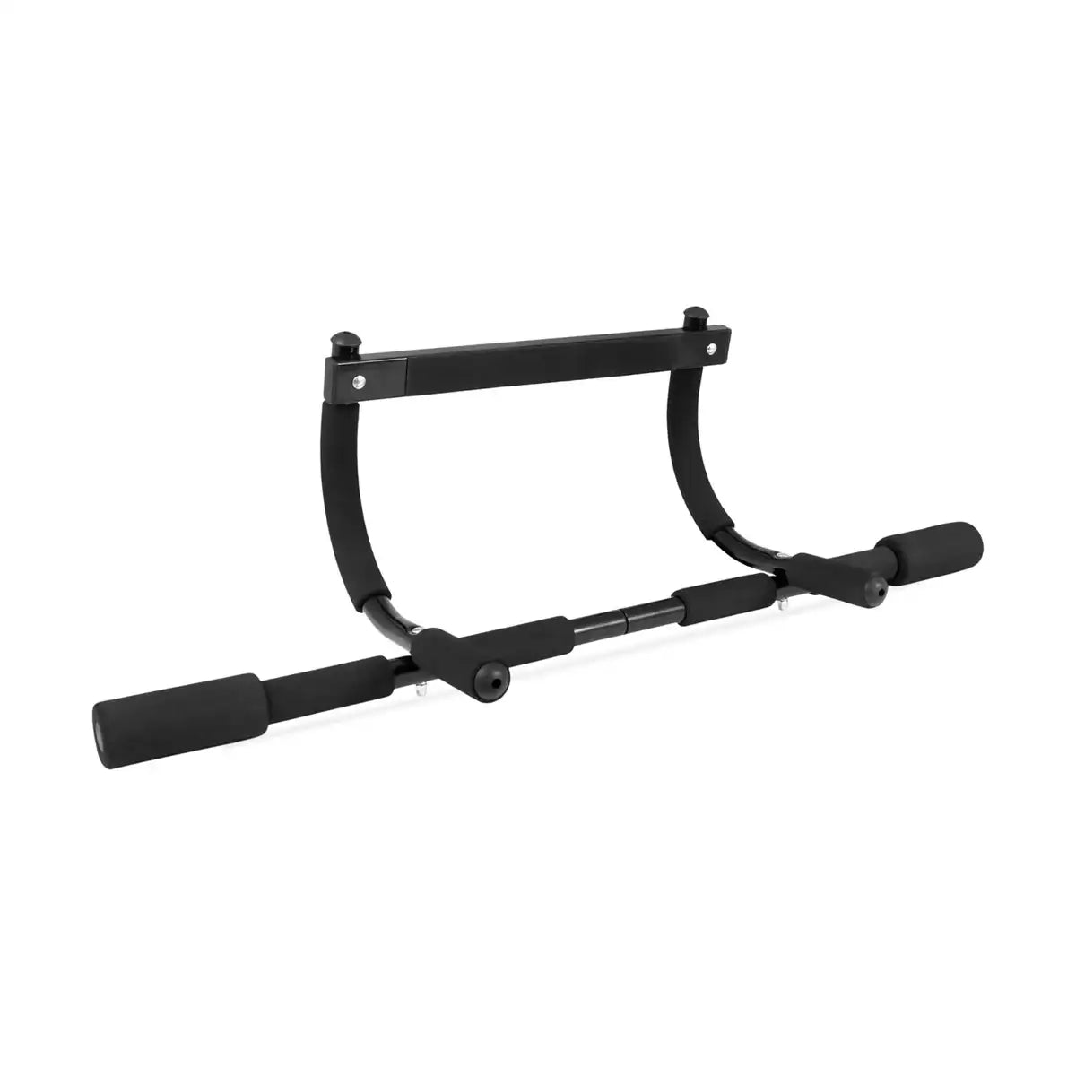 Black adjustable pull-up bar with padded grips and a sturdy metal frame.