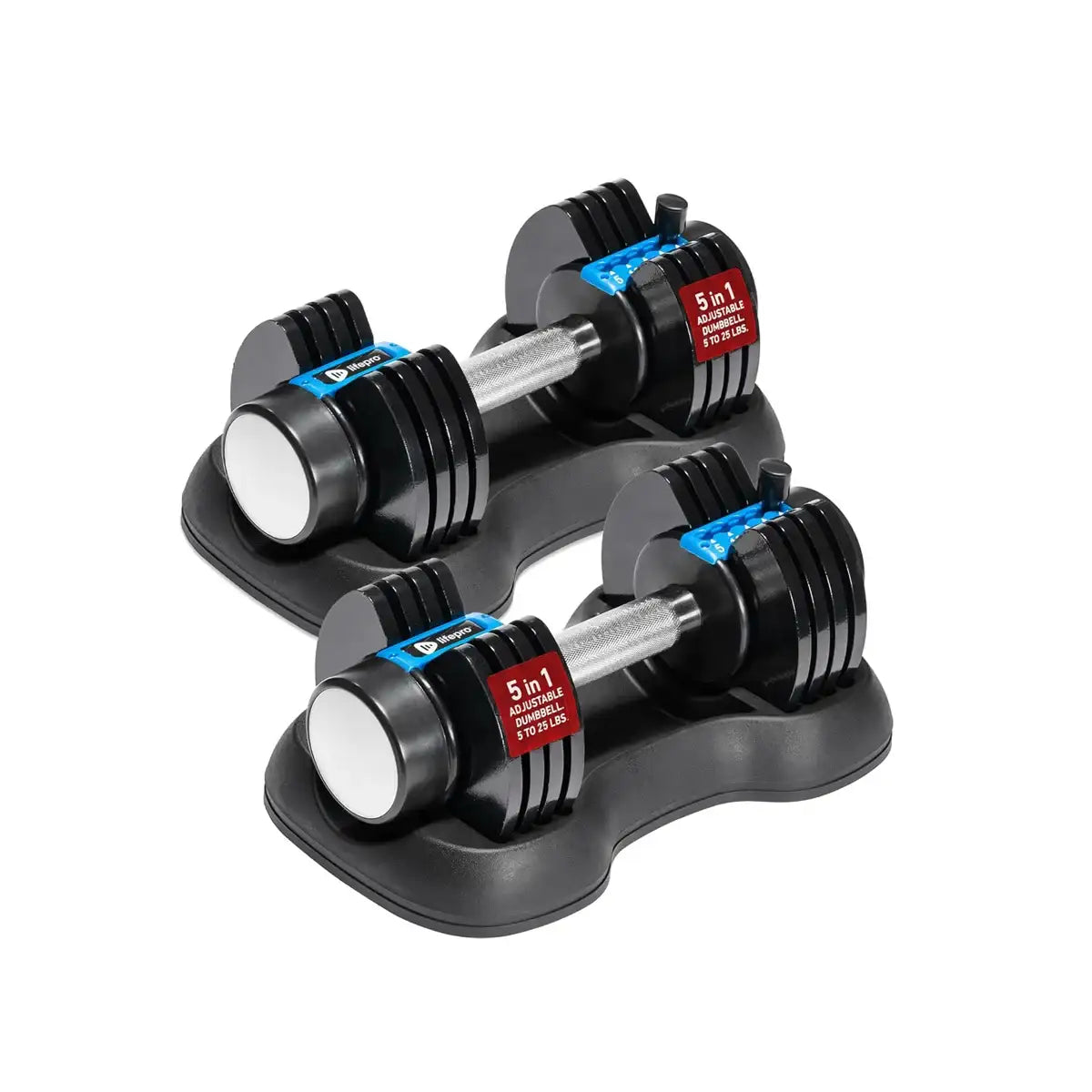 Black and blue adjustable dumbbells with silver handles, designed for versatile weight training.