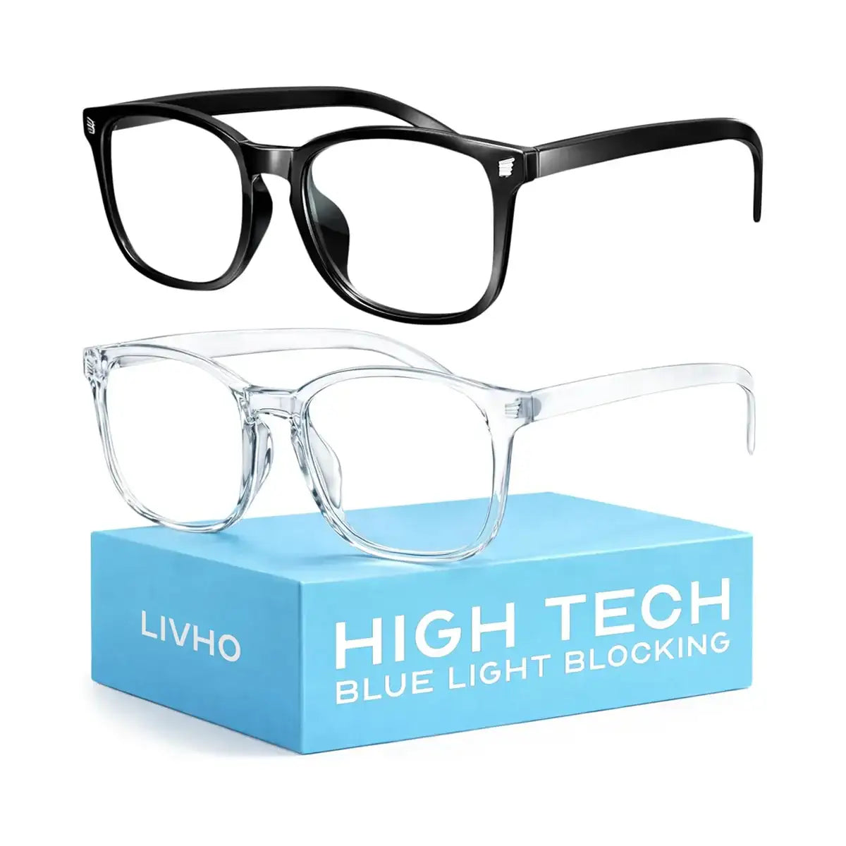 Two pair of Livho blue light blocking glasses on a white background