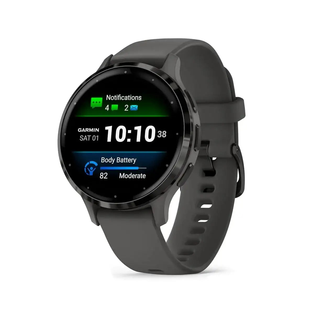 Garmin Fitness Watch with black band on white background