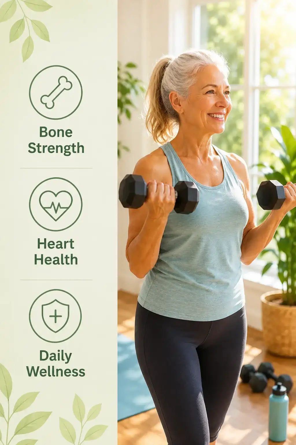 Black hexagonal dumbbells held by a woman in a light blue tank top.