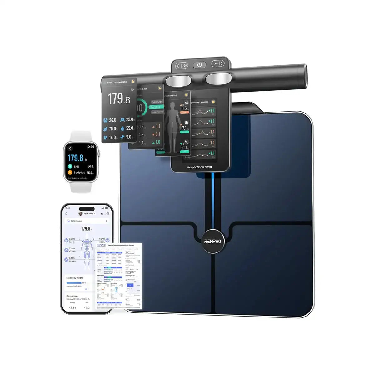 Smart scale, smartwatch, and smartphone displaying health app on a white background