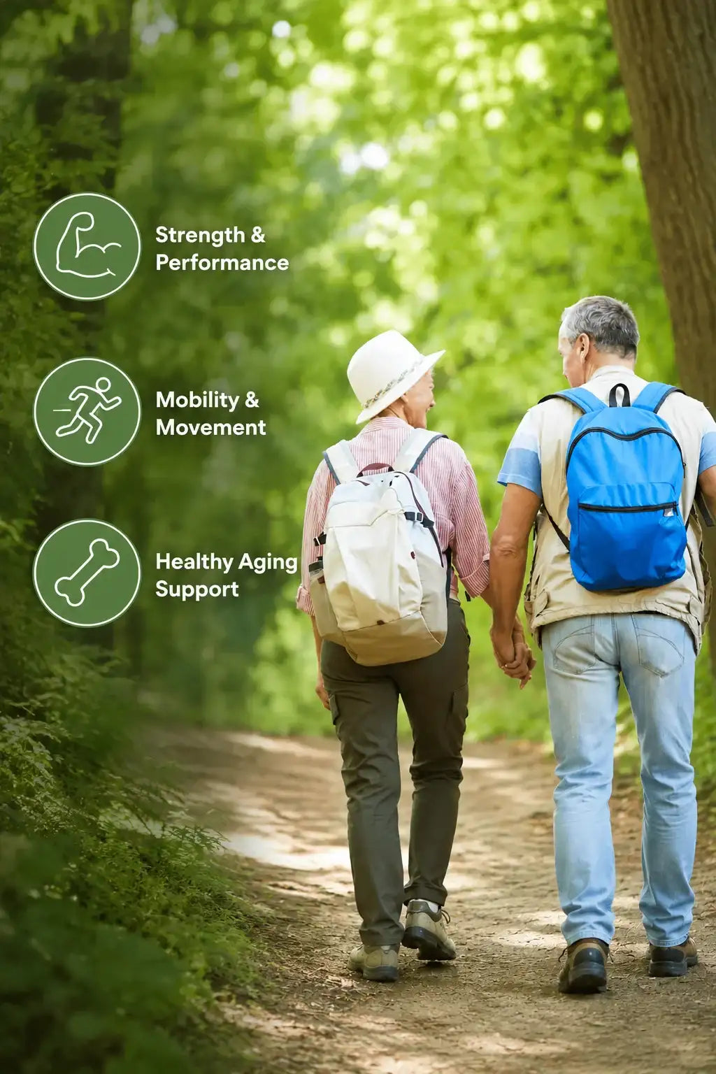 A blue and beige backpack worn by an older man walking on a forest path.