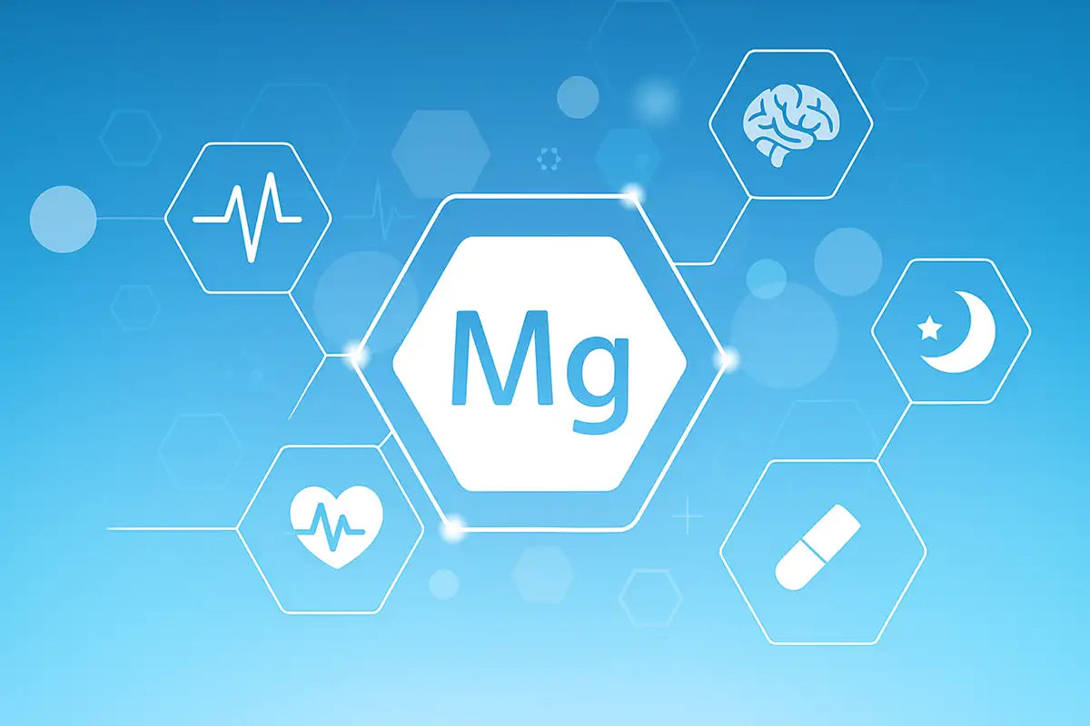 Scientific symbol for magnesium with icons showing brain health, sleep, heart health, etc