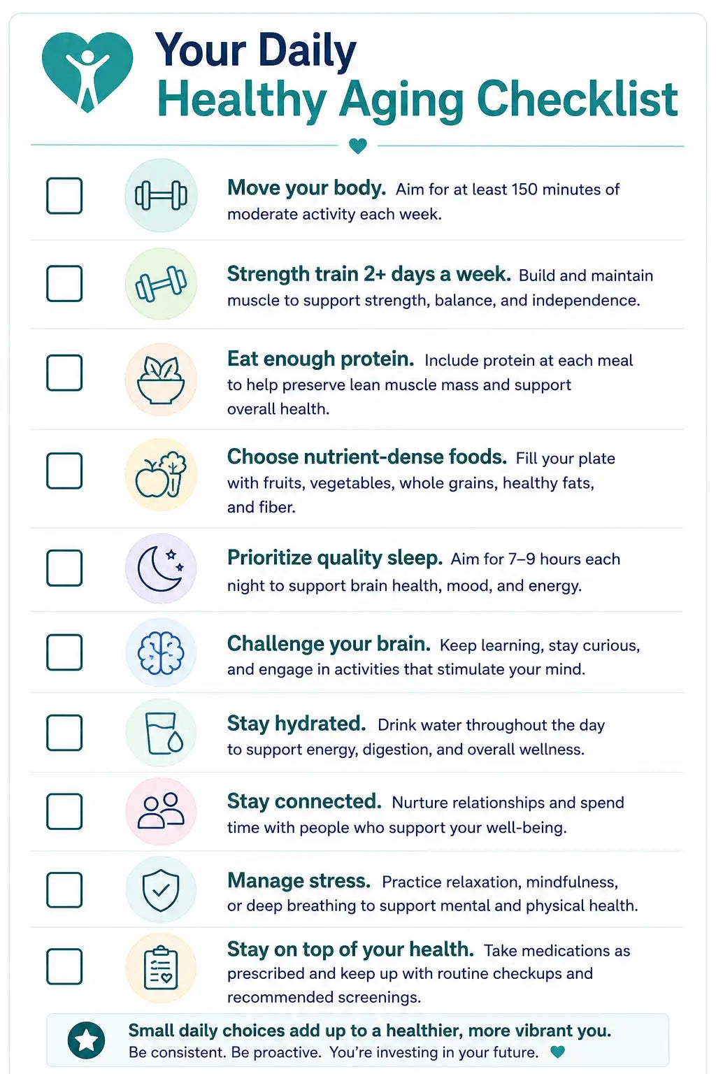 Your daily healthy aging checklist, a clean and organized guide with teal headings and soft pastel icons for each health tip.