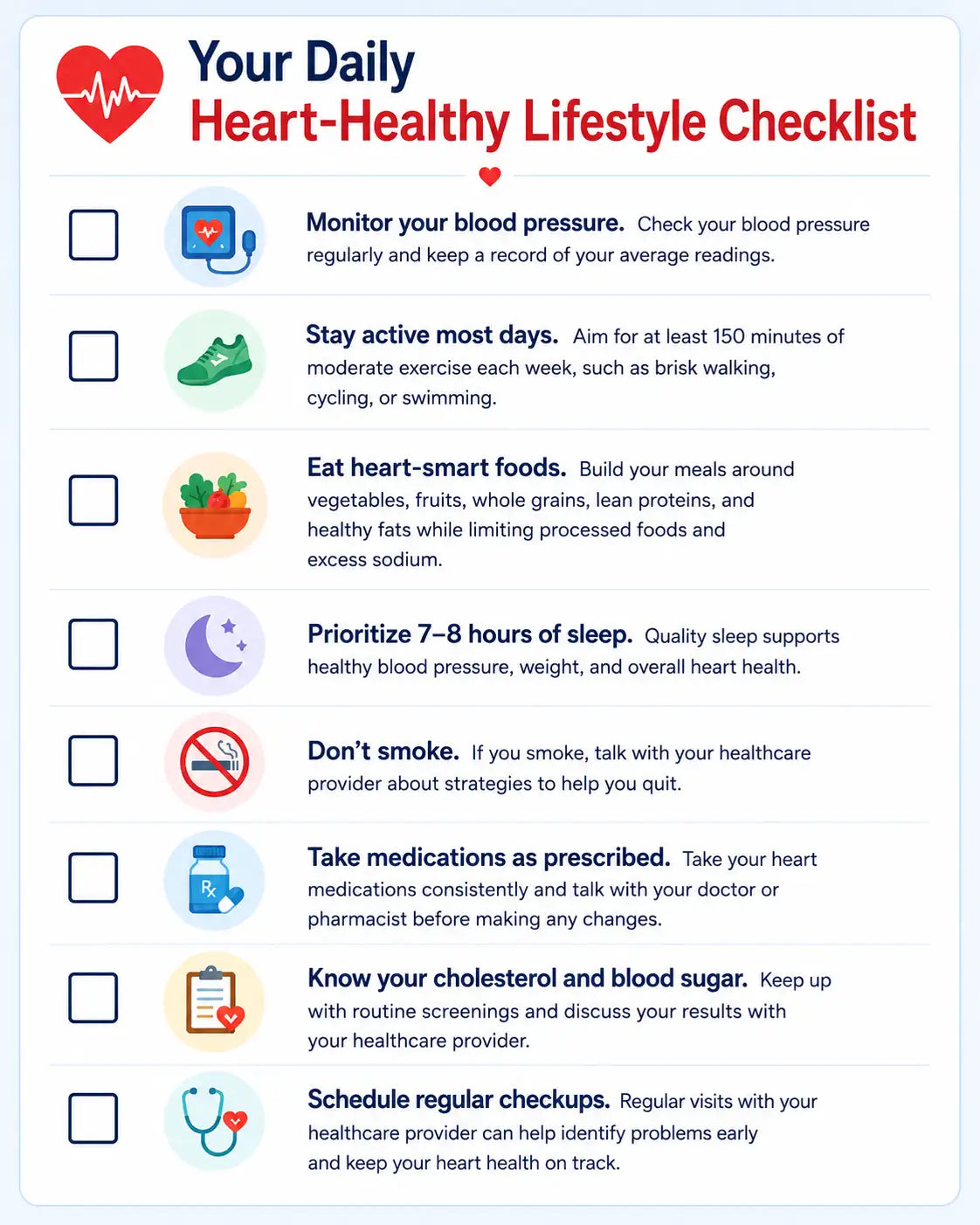 Your daily heart-healthy lifestyle checklist, a clean and organized guide with colorful icons for each health tip.