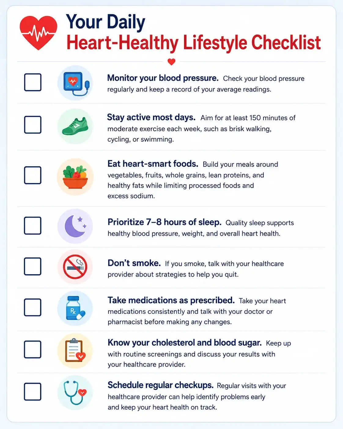 Heart-healthy lifestyle checklist with icons and text on a white background