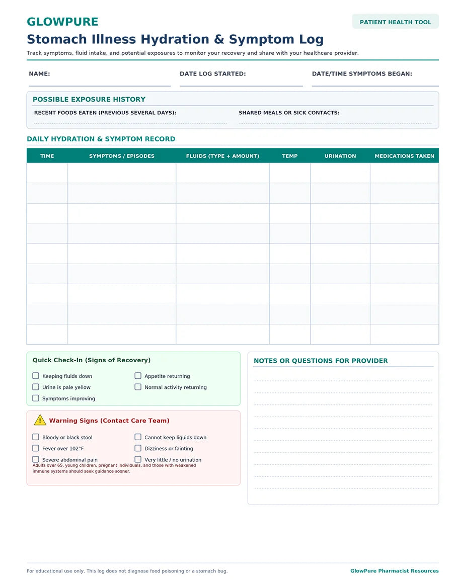 Stomach illness hydration and symptom log from GlowPure