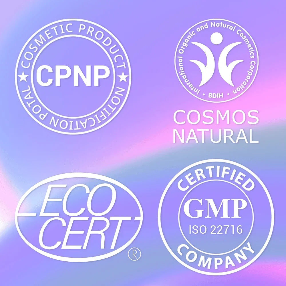 Image of certifications including COSMOS Natural, ECOCERT, CPNP Registered, and ISO Certified, highlighting product quality and regulatory adherence
