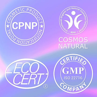 Image of certifications including COSMOS Natural, ECOCERT, CPNP Registered, and ISO Certified, highlighting product quality and regulatory adherence